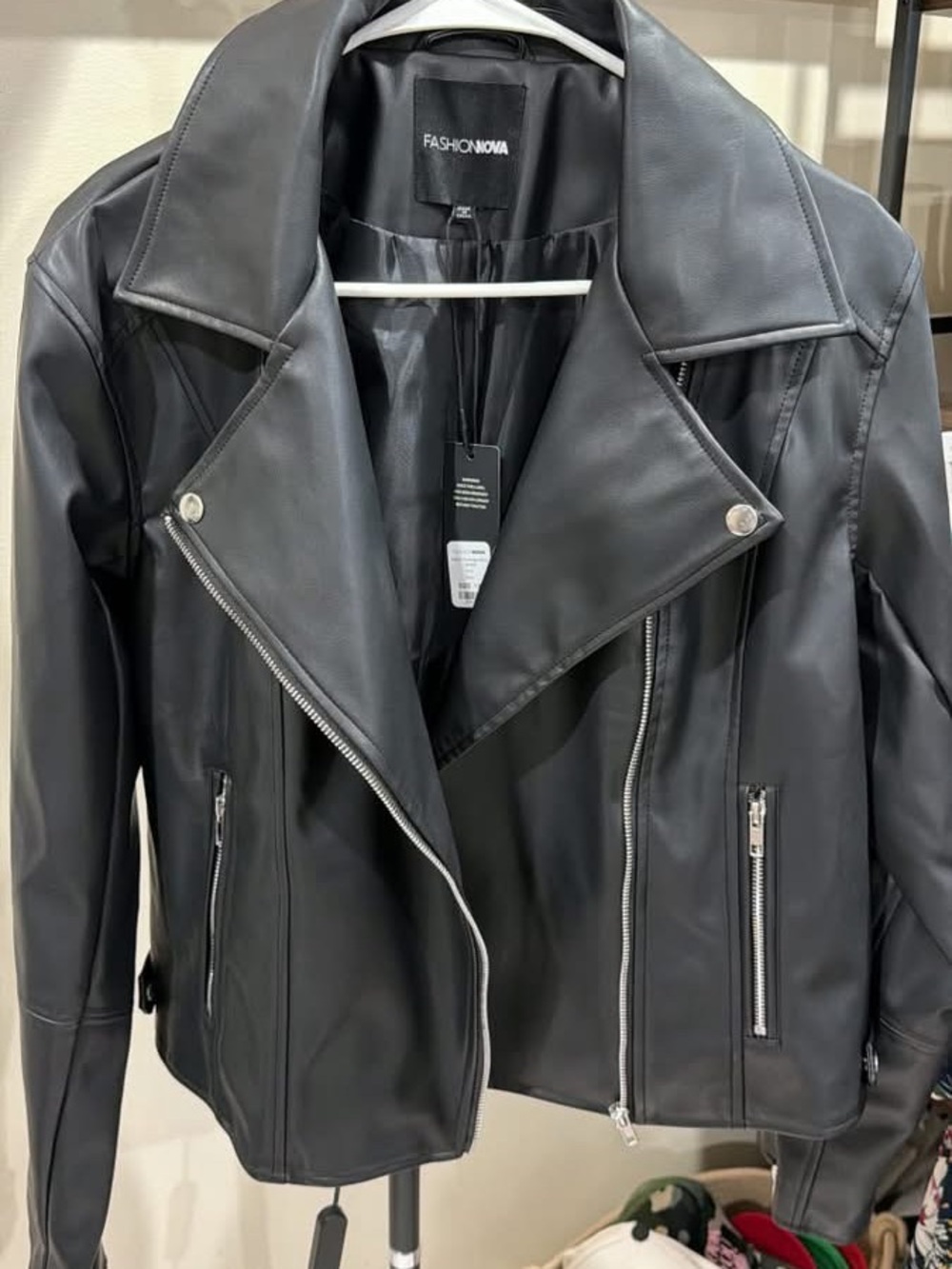 Fashion Nova Black Faux Leather Moto Jacket with Silver Hardware